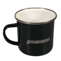 Emaille-Becher mit Werbung bedruckt in schwarz