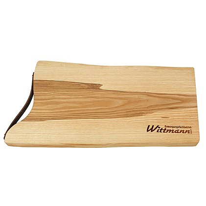 Schneidebrett mit individueller Firmenwerbung mit Baumkante und Lederriemen