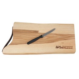 Esche-Schneidebrett mit Baumkante, Ledergriff mit Firmenlogo als Brandstempel