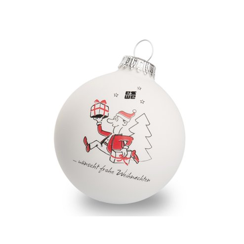 Individuell bedruckte Weihnachtskugeln in matt-weiß mit lustigem Weihnachtsmotiv und Firmenlogo