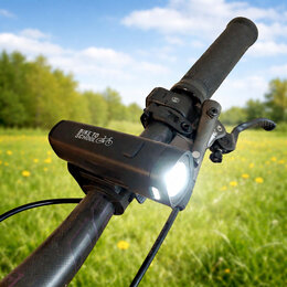 Fahrradlampe am Lenker montiert im Einsatz bei Tageslicht