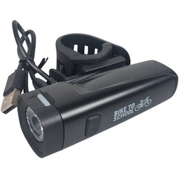 Schwarze Fahrradlampe mit Logo bedruckt und USB-Ladekabel