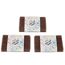 Feine Werbe-Schokolade mit kompostierfähiger Folie und Werbebanderole