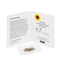 Für Mailings und als Giveaway: Bedrucktes Klappkärtchen mit Sonnenblumen-Samen für eine blühende Werbeaktion als Streuartikel