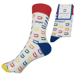 Logo-Socken individuell gewebt mit bedrucktem Kartenreiter