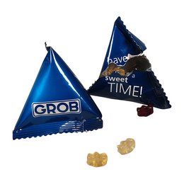 Fruchtsaft-Gummibären in der Werbetüte in Tetraeder-Form, vollflächig bedruckt