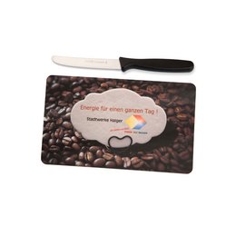 Frühstücksbrettchen bedruckt aus Resopal mit Werbemotiv für die Stadtwerke Haiger