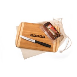 Gefülltes Brotzeitsackerl: Bambus Schneide-Brett mit Logo-Einbrand für die Cramo AG