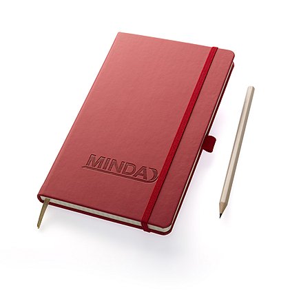Geprägtes Werbe-Notizbuch A5 Format in rot Ivory mit Logo-Prägung.