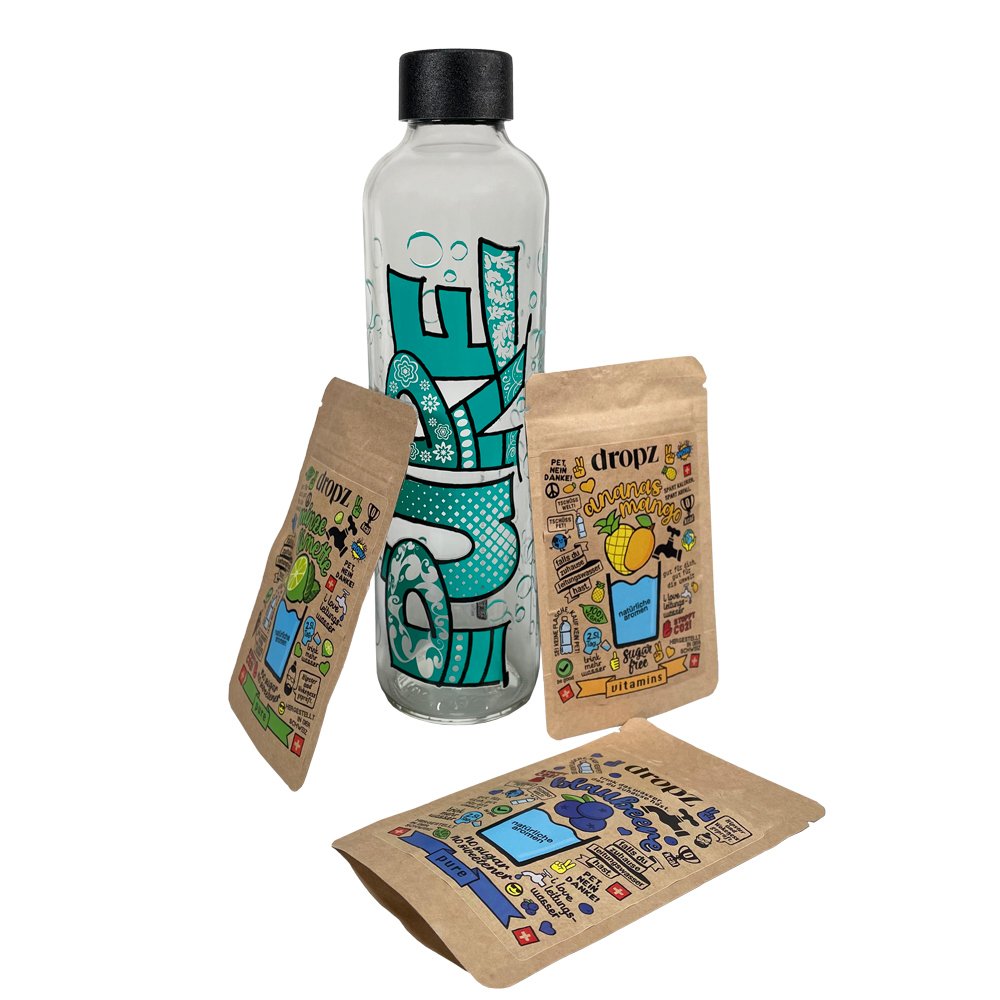WerbeArt Bottle aus Glas 600ml, Geschmacksdrops und Logo Etikett