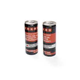 Getränkedose Energy Drink vollflächig mit Werbung bedruckt für die Cramo AG