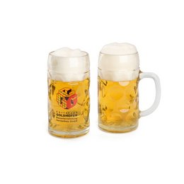 Bierseidel aus Glas mit Werbeaufdruck