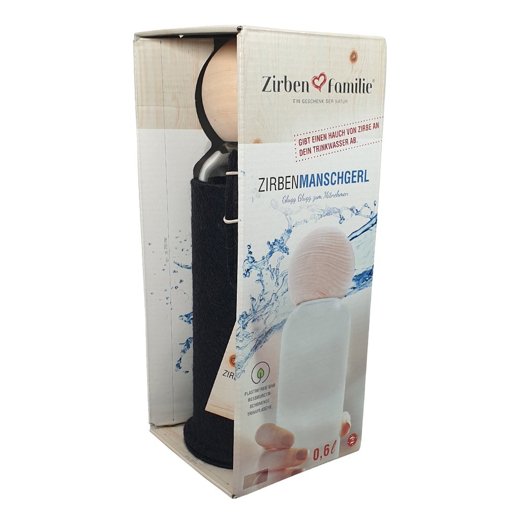 Werbe-Glastrinkflasche aus der Zirbenfamilie