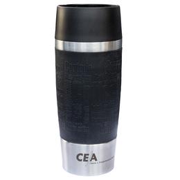 schwarzer Isolierbecher Travel Mug aus Metall von EMSA mit graviertem Logo von CEA