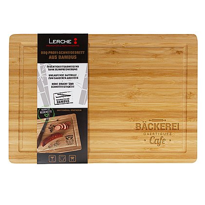 Schneidebrett aus Bambus mit Saftrille und Werbebanderole, lasergraviert