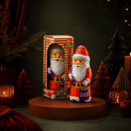 Schokoladen Nikolaus in bedruckter Werbebox als süßes Werbemittel in weihnachtlichem Moodbild