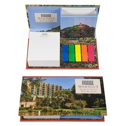 Hardcover-Box mit Haftnotizen und Marker vollflächig mit Werbung bedruckt