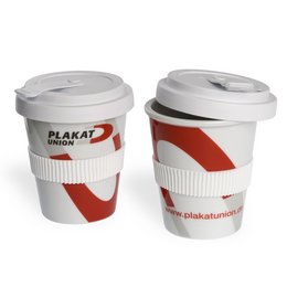 Halbe Portion: Coffee-to-go-Becher Mini für die Plakatunion mit Werbung bedruckt