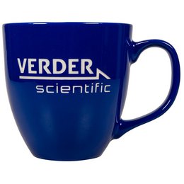 Hochglänzende Jumbotasse mit Logo-Gravur und blauer Hydroglasur 