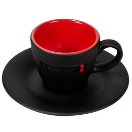 Edle Werbe-Porzellan-Espressotasse Form 534 in matt-schwarz Hydroglasur und innen in rot mit Logo-Druck