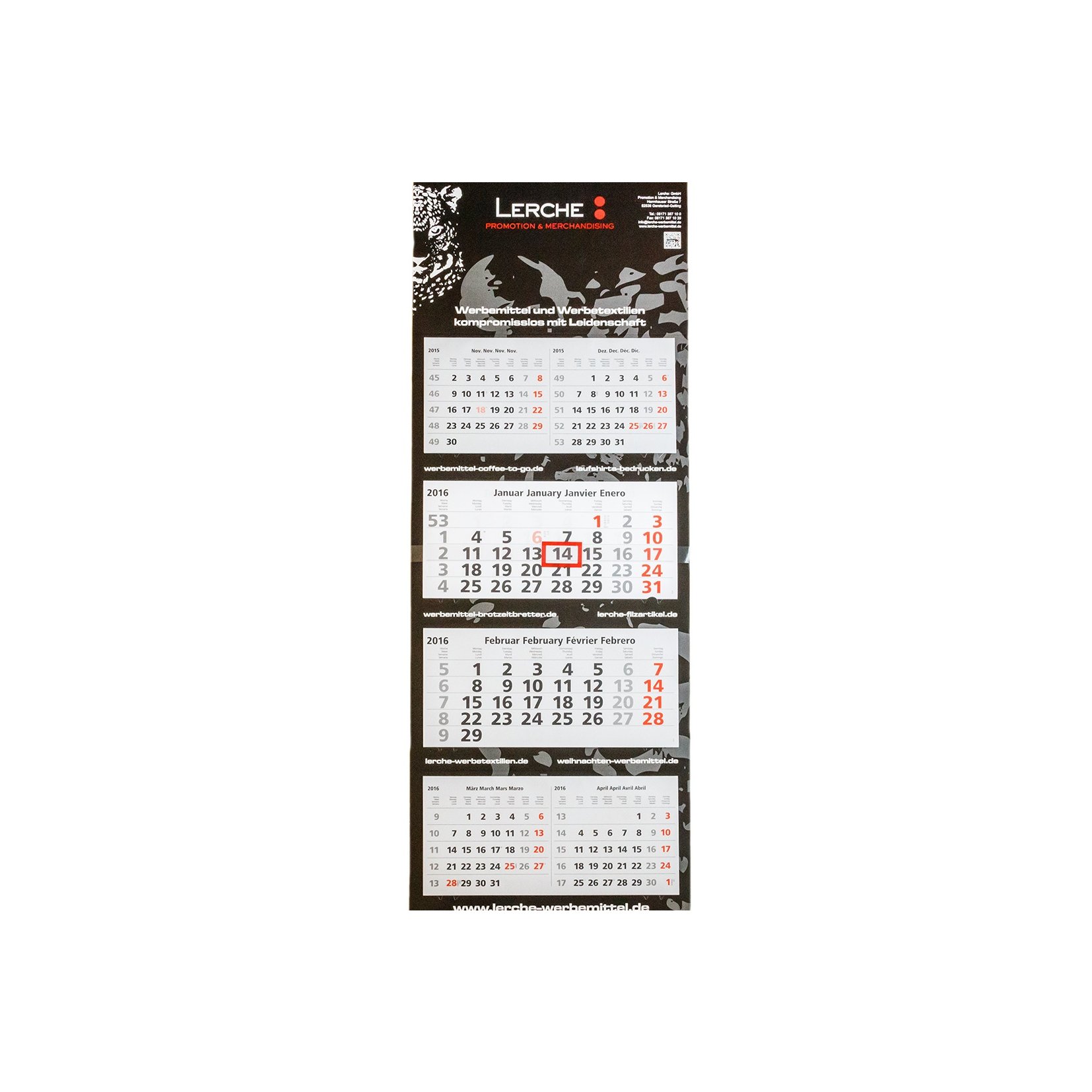 Hochwertiger bedruckter Werbe-Wandkalender „Quadro 4“ bedruckt mit mehreren Werbeflächen