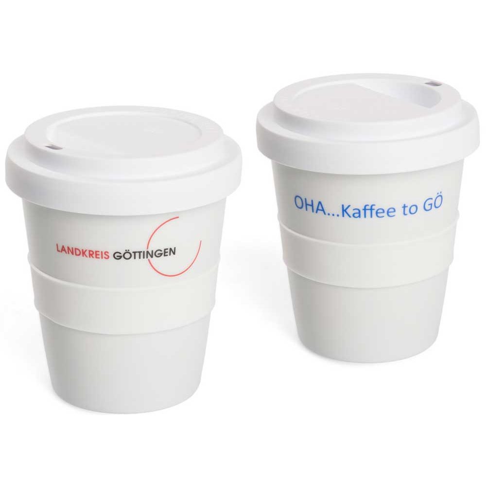 Aus hochwertigem Porzellan: Coffee to go Becher Form 344 mit Transferdruck als Werbemittel
