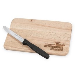 Hochwertiges Brotzeitbrett aus FSC-zertifiziertem Buchenholz mit Lasergravur als Werbeartikel