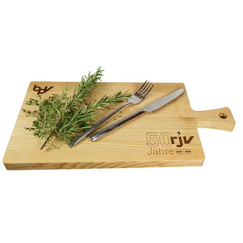 Individuell und einzigartig: Hochwertiges Werbe-Schneidebrett aus Esche mit Griff, mit Leinöl eingelassen verstärkt das natürliche Finish, per Logo-Branddruck oder Lasergravur veredelbar