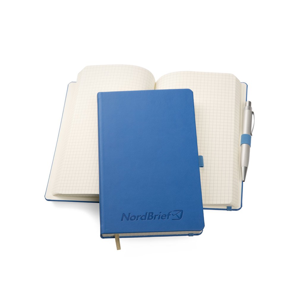 Werbe-Notizbuch A5 in blau mit individueller Blindprägung auf dem TUCSON Einband