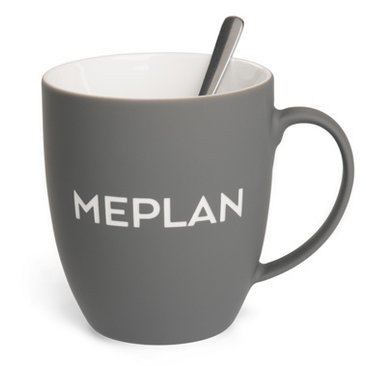 Kaffeebecher Form 329, weißes Porzellan, graue Hydroglasur mit Firmennamen graviert