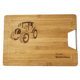 Werbe-Schneid- und Brotzeitbrett aus Bambus mit Metallgriff mit Traktormotiv und Claas logo mit Brandstempel eingebrandt