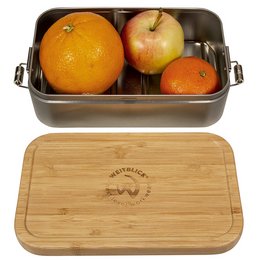 geräumige Lunchbox aus Weißblech mit  Logo-Gravur auf Bambusdeckel