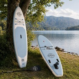Individuell gestaltete Stand up paddle Boards mit bedruckter Ober-und Unterseite am See.