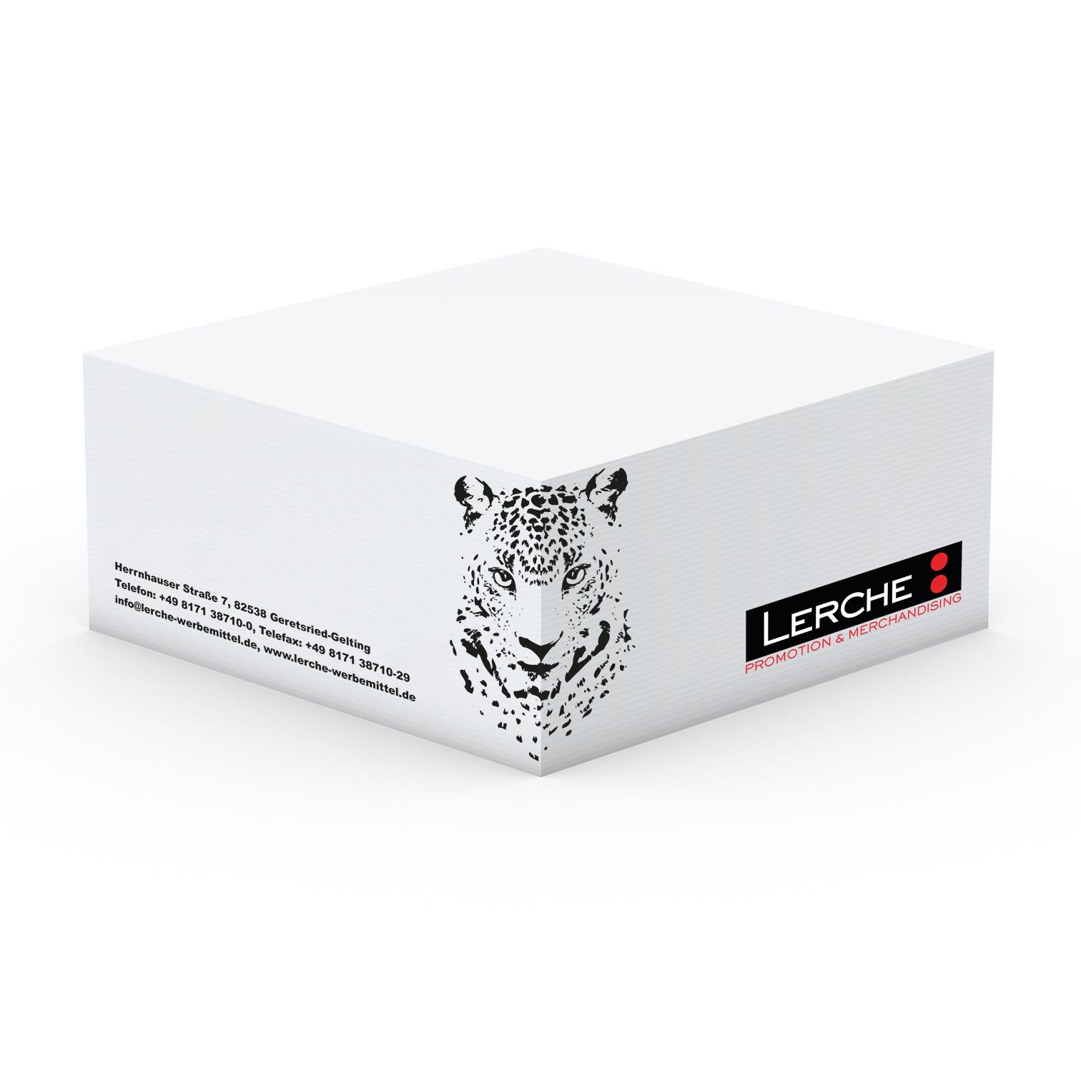 Haftnotizblock mit dem Logo und Leopard für Lerche: Werbemittel in der Größe S und Farbe weiß, Haftnotizblätter ca. 370 Stück, made in Germany