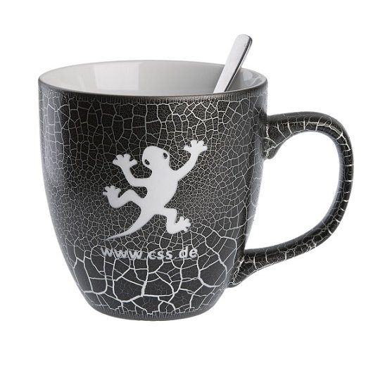 Jumbotasse mit Krokoglasur und Logogravur als Werbemittel