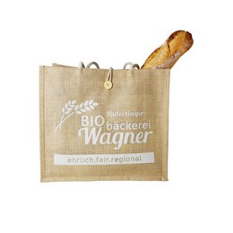 Ökologisch wertvoll: Nachhaltige, wiederverwendbare Jutetasche bedruckt mit Logo für Biobäckerei Wagner