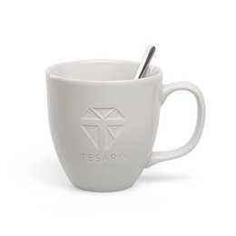 Werbe-Kaffeebecher Porzellan Form 151 für TESARO Bio Germany GmbH mit Logo als ton-in-ton Logo-Gravur