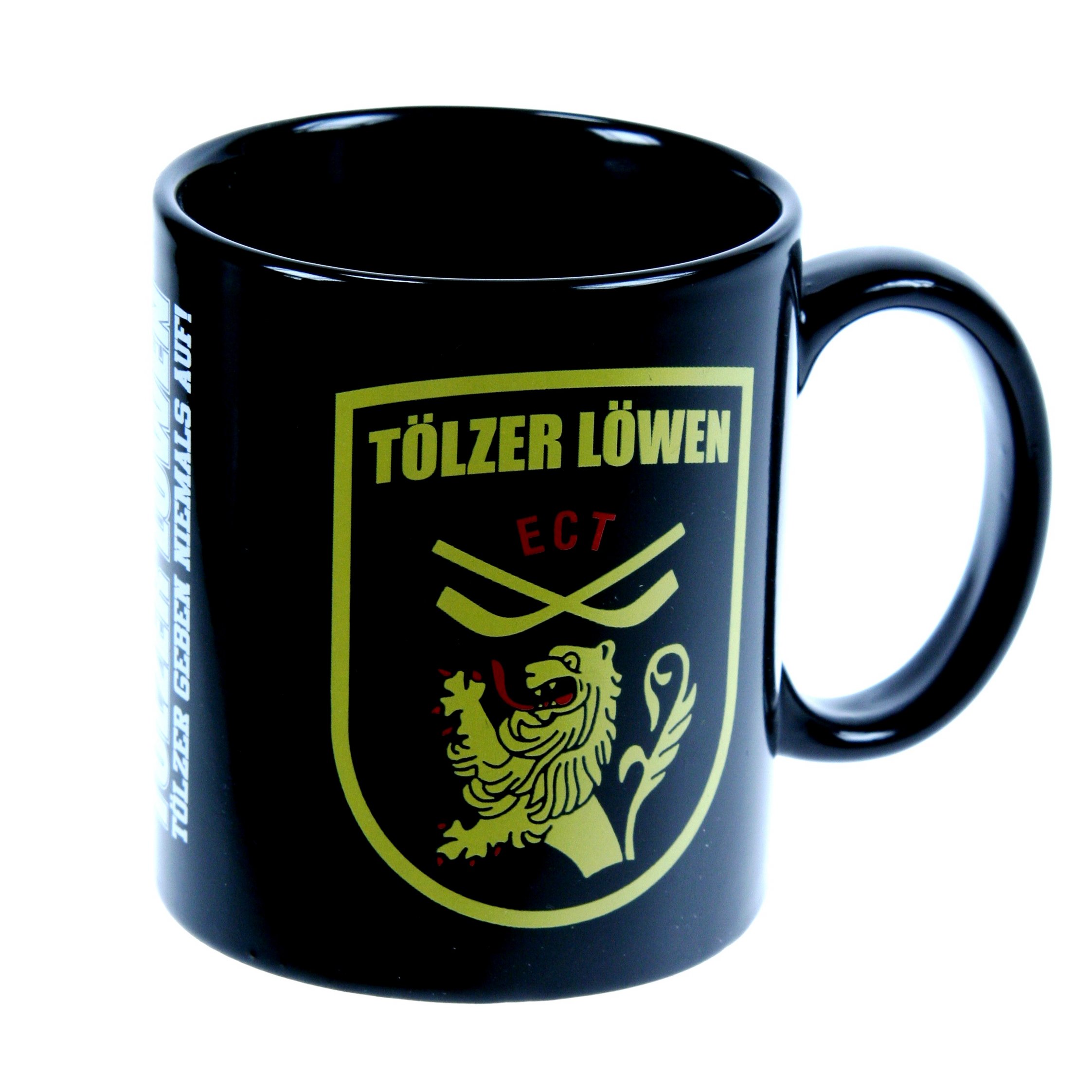 Kaffetasse schwarz bedruckt 3 farbig Siebdruck Tölzer Löwen Merchandising-Fan-Shop Eishockey