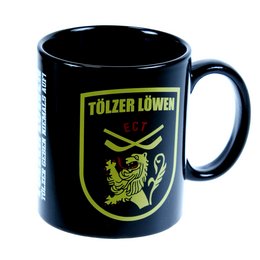 Kaffetasse schwarz bedruckt 3 farbig Siebdruck Tölzer Löwen Merchandising-Fan-Shop Eishockey