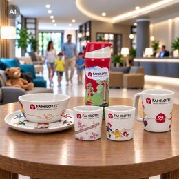 Vollflächig bedrucktes Geschirrset für Kinder mit Logo für das Familotel