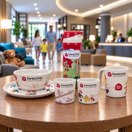 Vollflächig bedrucktes Geschirrset für Kinder mit Logo für das Familotel