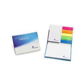 Kombi-Set Haftnotizen und Leuchtmarker mit Werbemotiv Amprion auf dem Hardcover