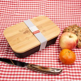 Nachhaltige Lunchbox aus Kunststoff mit Bambusdeckel und Logo Gravur