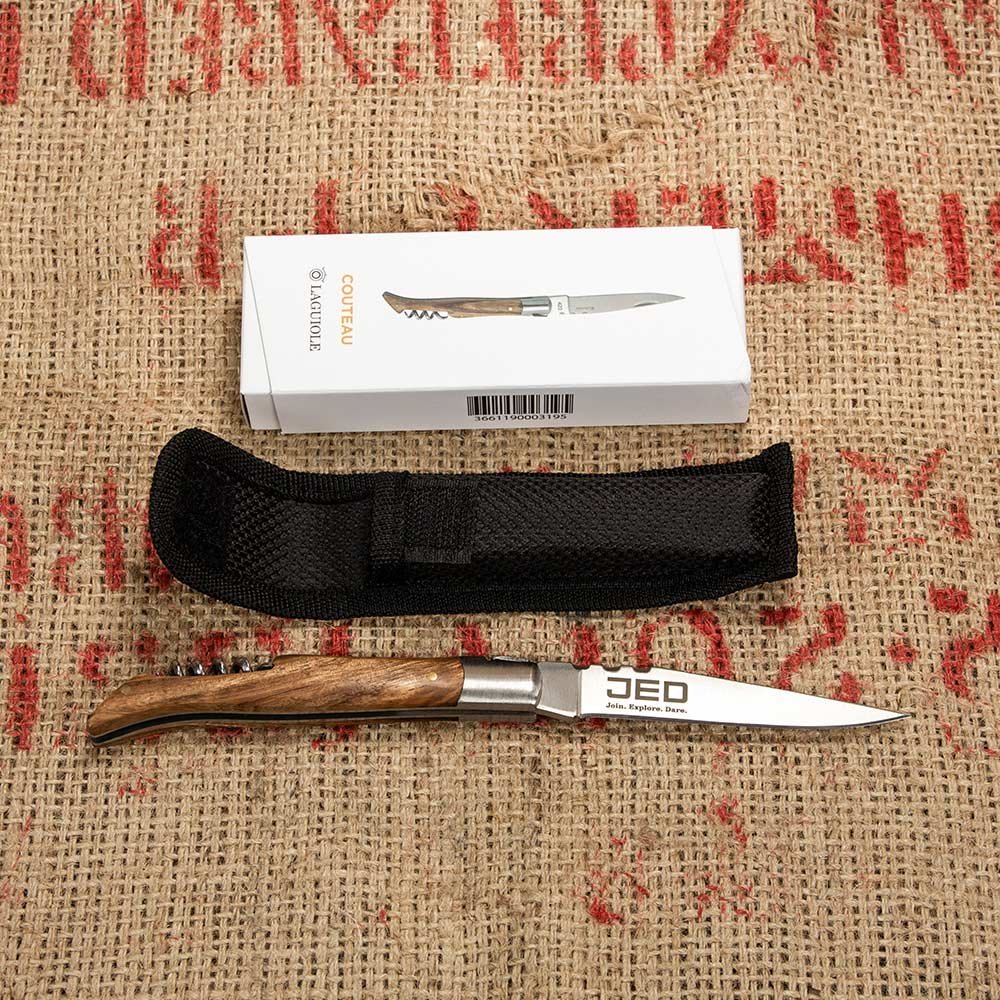 Laguiole-Taschenmesser, Vollholz-Eschengriff, Edelstahlklinge, lasergraviert