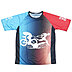 Kurzärmliges Laufshirt mit blau-rotem Farbverlauf, Punktmuster und weißem Motiv eines Radfahrers mit gezogener Person auf weißem Hintergrund