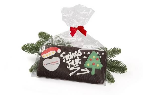Lebkuchen-Schokocard mit Weihnachtsgruß und Logo verziert