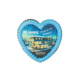 Lebkuchenherz mit Marzipanfondantlogo und Zuckerguss