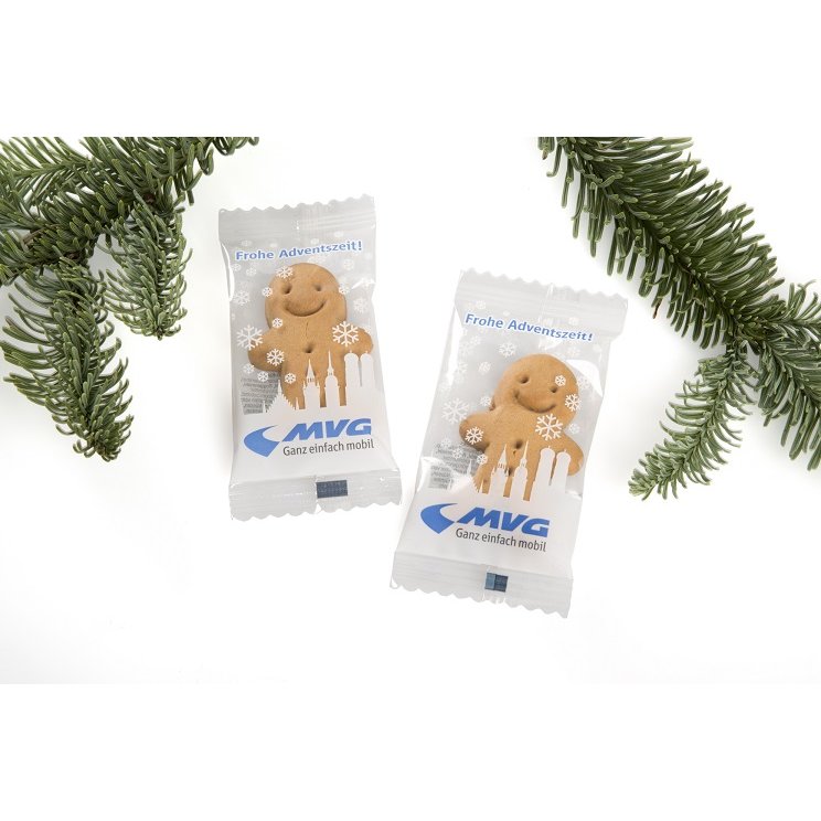 Lebkuchenmännchen im bedruckten Flowpack als süßer Werbeartikel