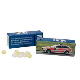 Leckere Werbe-Frucht-Bonbons in der praktischen vollflächig bedruckbaren Slim KartonBox