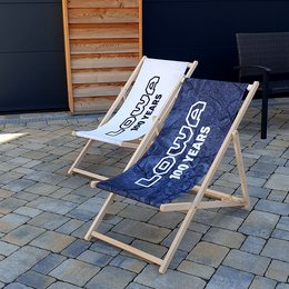 Werbe-Liegestuhl klappbar aus Buchenholz, vollflächig bedruckbar